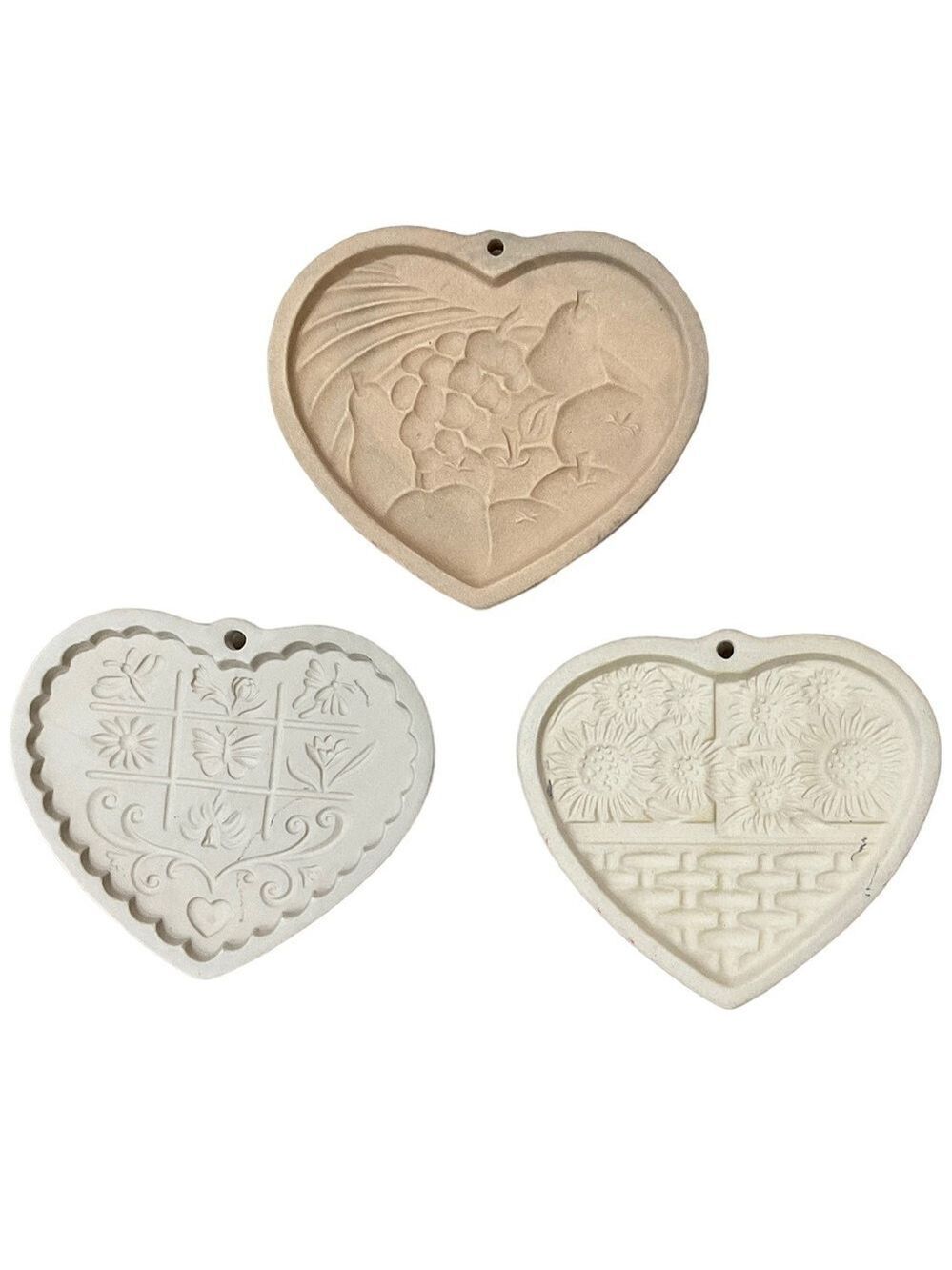 3 Vintage Pampered Chef Clay Stone Heart cookie Molds 1994 1995 1996